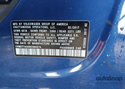 2017 Volkswagen Passat 1.8T R-Line from USA, damaged, VIN 1VWDT7A33HC060274